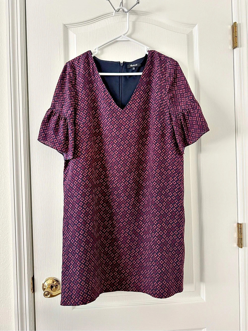 Madewell Painted Clover Silk V-Neck Mini Dress Black & Pink-Burgundy design 25